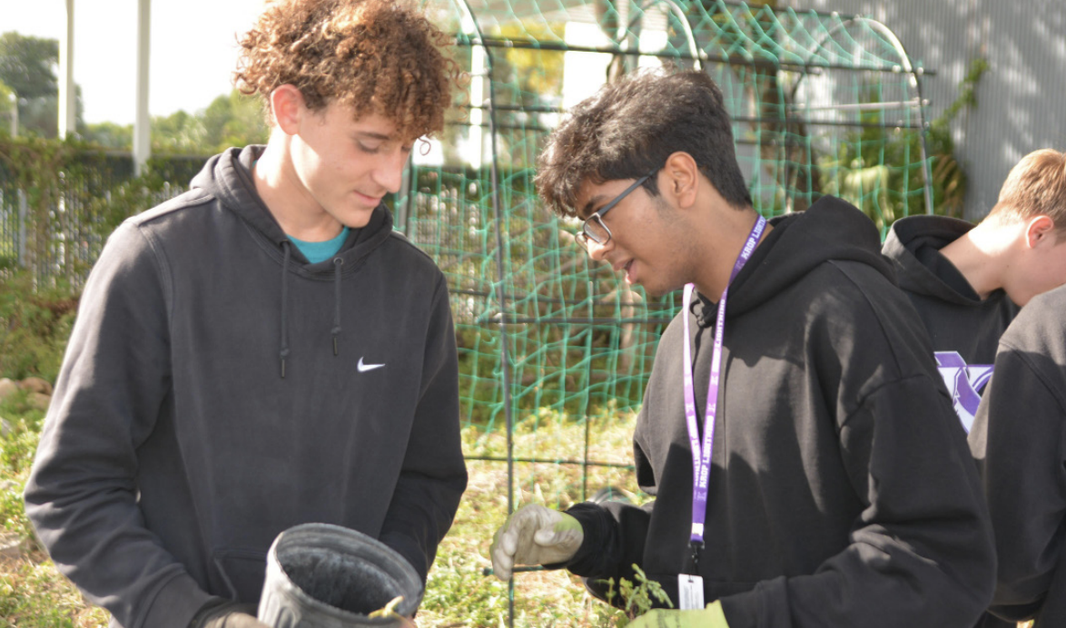 A HELPING HAND: Students Omer Gan-el and Tashrick Huda working on the school's botanical garden. 